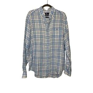 Vineyard Vines Shirt Mens Large Blue Plaid Linen Classic Fit Tucker Long Sleeve